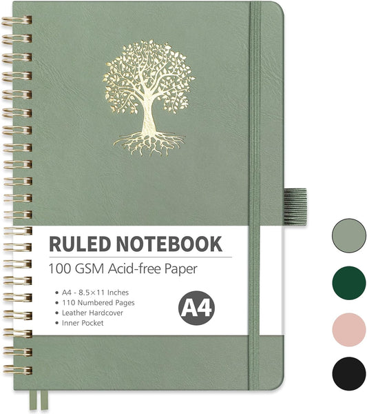 RETTACY Spiral Journal Notebook, 110 Numbered Pages, A4 Large Size (8.5'' x 11''), for Men & Women, Journaling, Writing, Work & Office, Leather Hardcover, 100 GSM Thick Paper (Light Green)