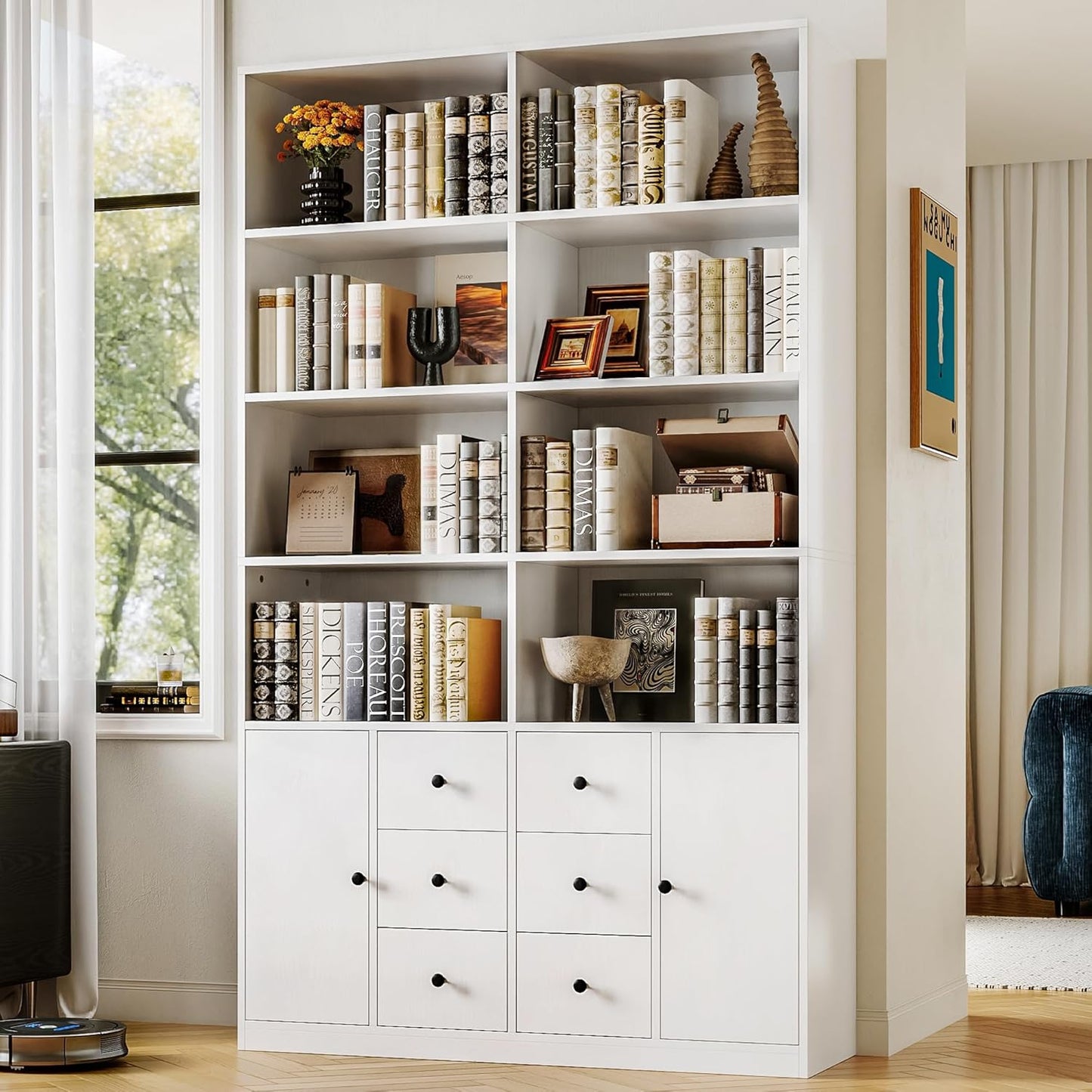 IRONCK 78.7" Bookcase with 6 Drawers, 6 Tier Large Bookshelf with 2 Doors, Large Bookcase with Adjustable Shelves, Tall Storage Cabinet for Home Office, Living Room, White