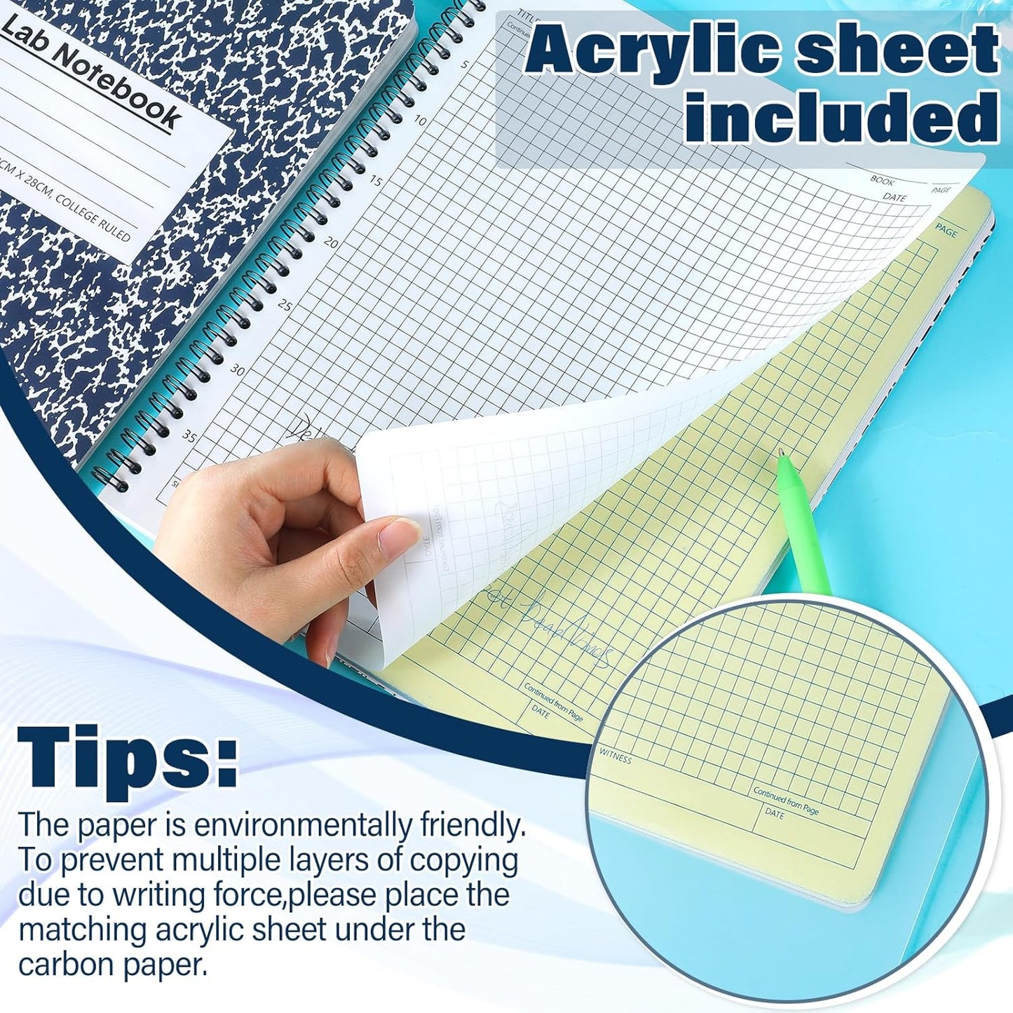 2 Pack Carbonless Lab Notebook Carbon Copy 8.5'' x 11'' Laboratory Engineering Chemistry Computation Notebook Science Grid Contains 50 Set Pages 100 Sheets Total Coil Binding(Blue)