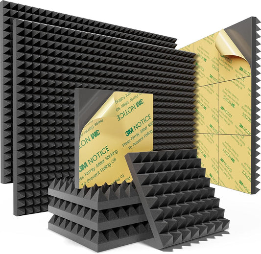 Sonicism Sound Proof Foam Panels for Walls Self-Adhesive 36 Pack Pyramid 12" X 12" X 2" Soundproof Wall Panels 35kg/m³High Density Acoustic Panels Fast Expand,Sound Absorption and Decoration(Black)