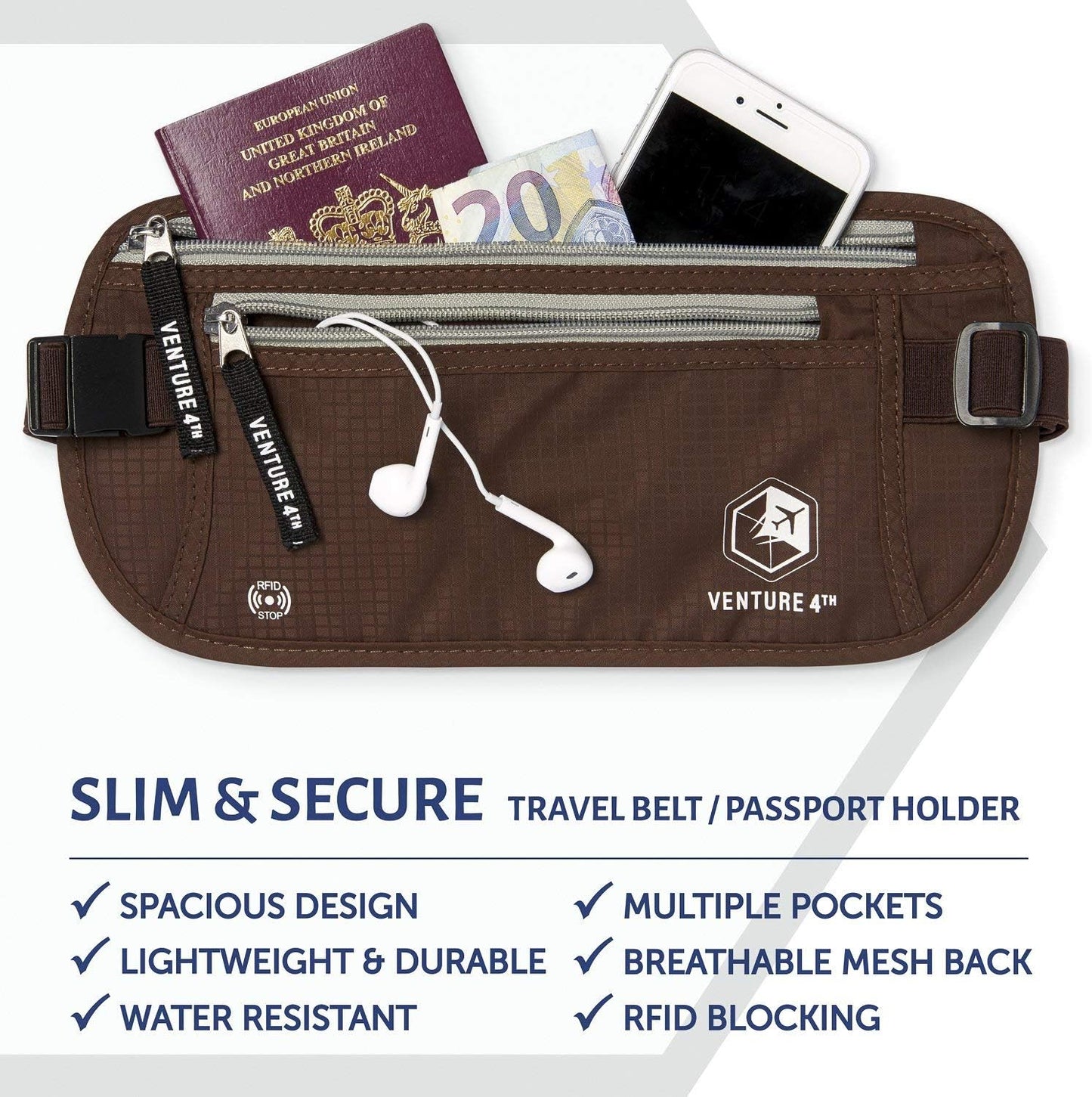 VENTURE 4TH Travel Money Belt - Slim Passport Holder RFID Blocking Travel Pouch to Protect Cash, Credit Cards and Travel Documents (Brown)