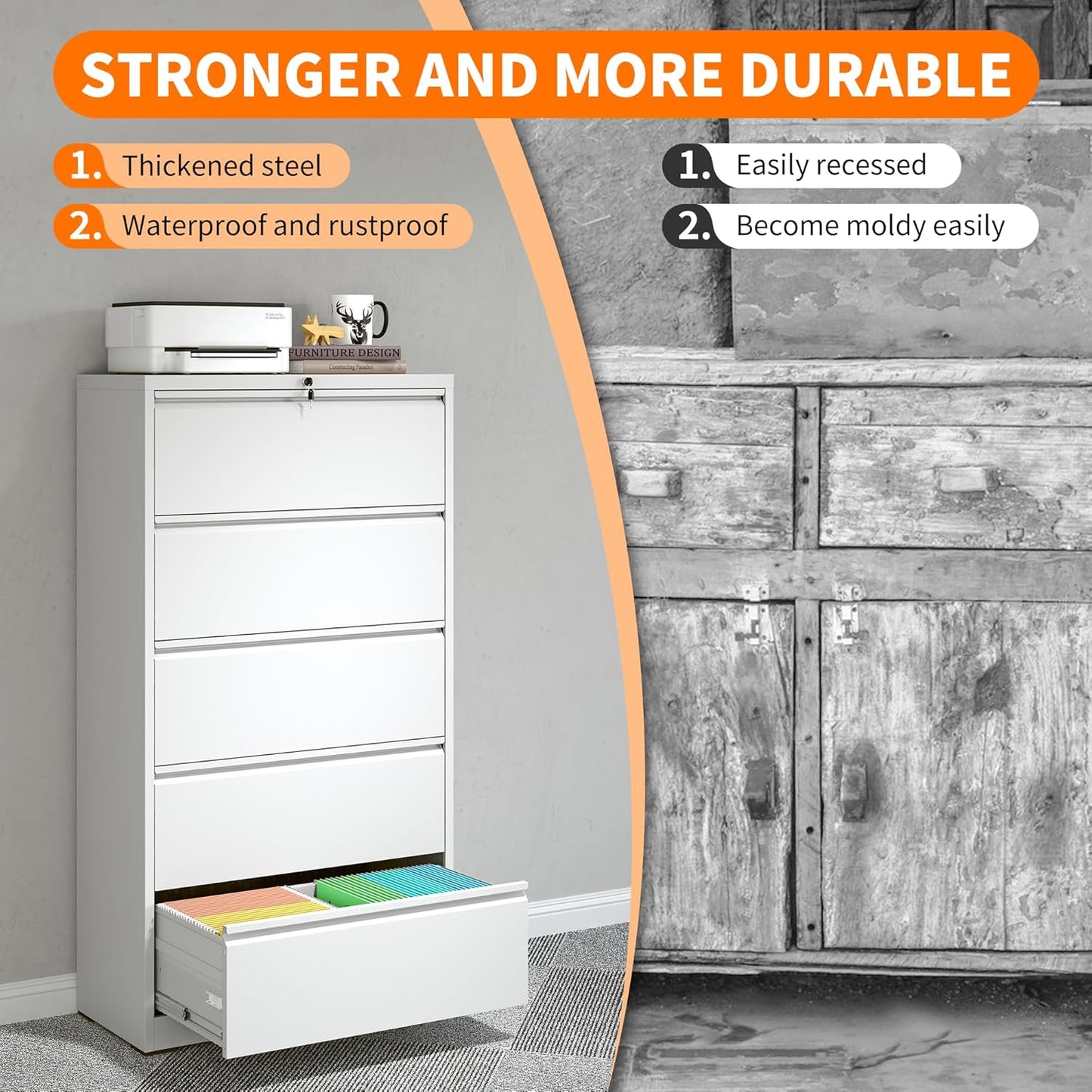 Locking Filing Cabinet with 5 Drawer Heavy Duty Large Metal File Cabinet Home Office Lateral File Cabinets Wide Steel Cabinet for Legal/Letter Size File,Assembly Required