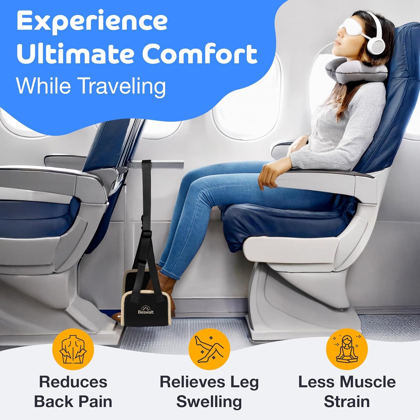 Portable Airplane Foot Hammock for Plane Travel with Memory Foam & Hardboard for No Feet or Leg Clashing - Long Flight Air Travel Essentials to Relax Feet Rest Flying Overseas by Beswalt (Black)