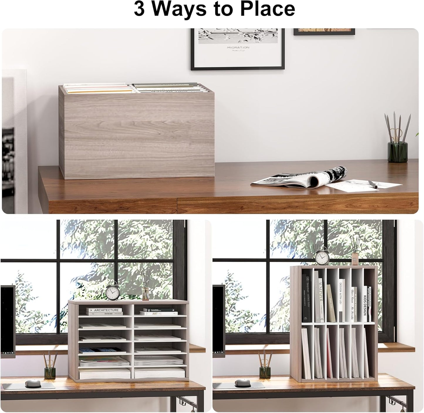 Mail Organizer Countertop, 12 Slots Wooden Desk File Literature Sorter, Adjustable Paper Storage Shelves Document Holder, Space Saving Desktop Mailbox for Office Classroom, Retro Grey/White