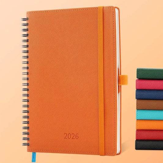 Planner 2026 Daily Weekly and Monthly,8.5"x6.5",12 Months Spiral Bound Calendar Agenda with Self-adhesive Pen Holder,2026 Appointment Book with Vegan Leather Soft Cover,Orange