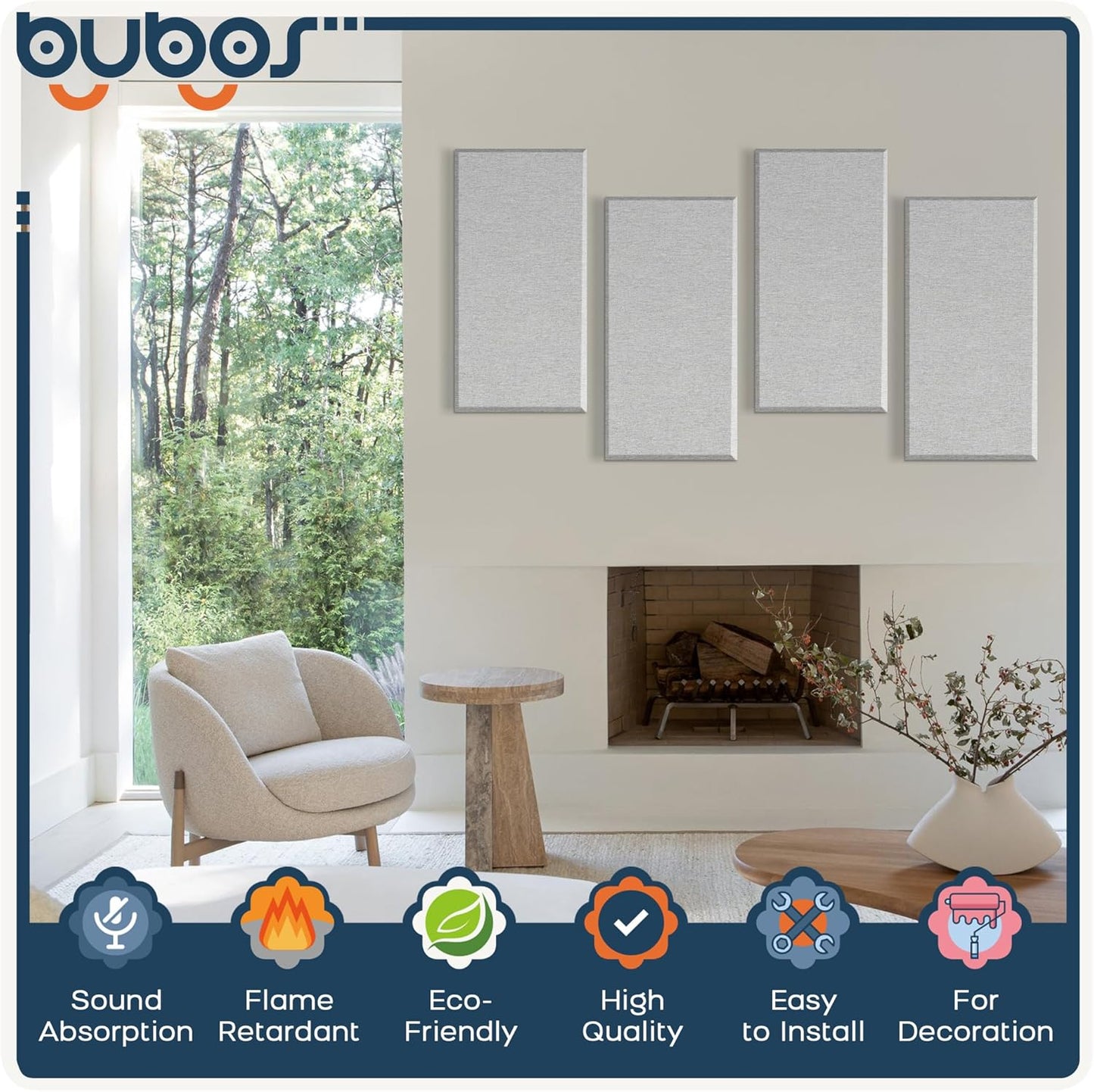 BUBOS 4 PCS Acoustic Panels,23.6''x11.8'' Fabric Soundproof Wall Panels,Self-adhesive Sound Absorbing Panels for Studios, Office, Home Theater,Fabric-Clad Grey