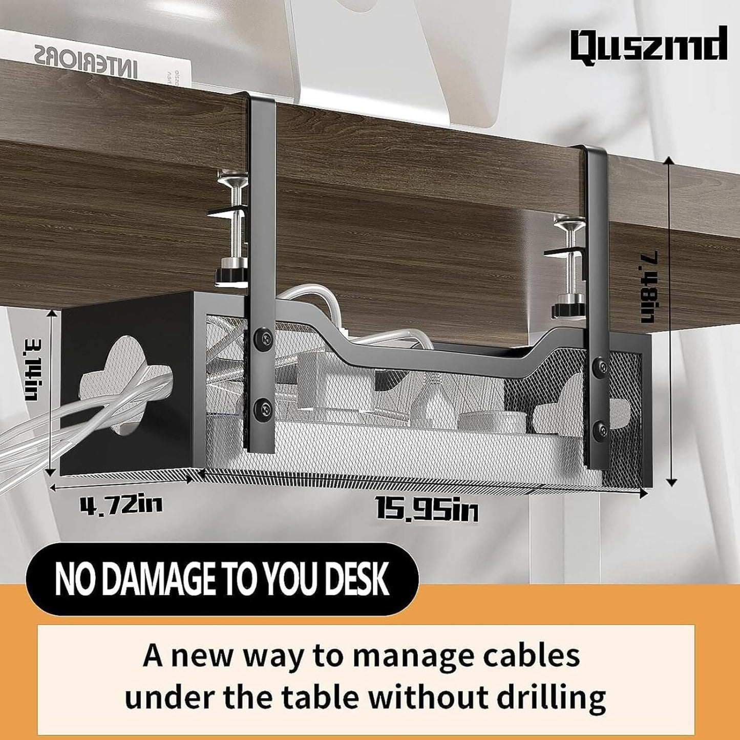 Under Desk Cable Management Tray 15.95", Quszmd Cable Organizer No Drill, Standing Cord Organizer and Wire Management Tray - No Damage to Desk, Black