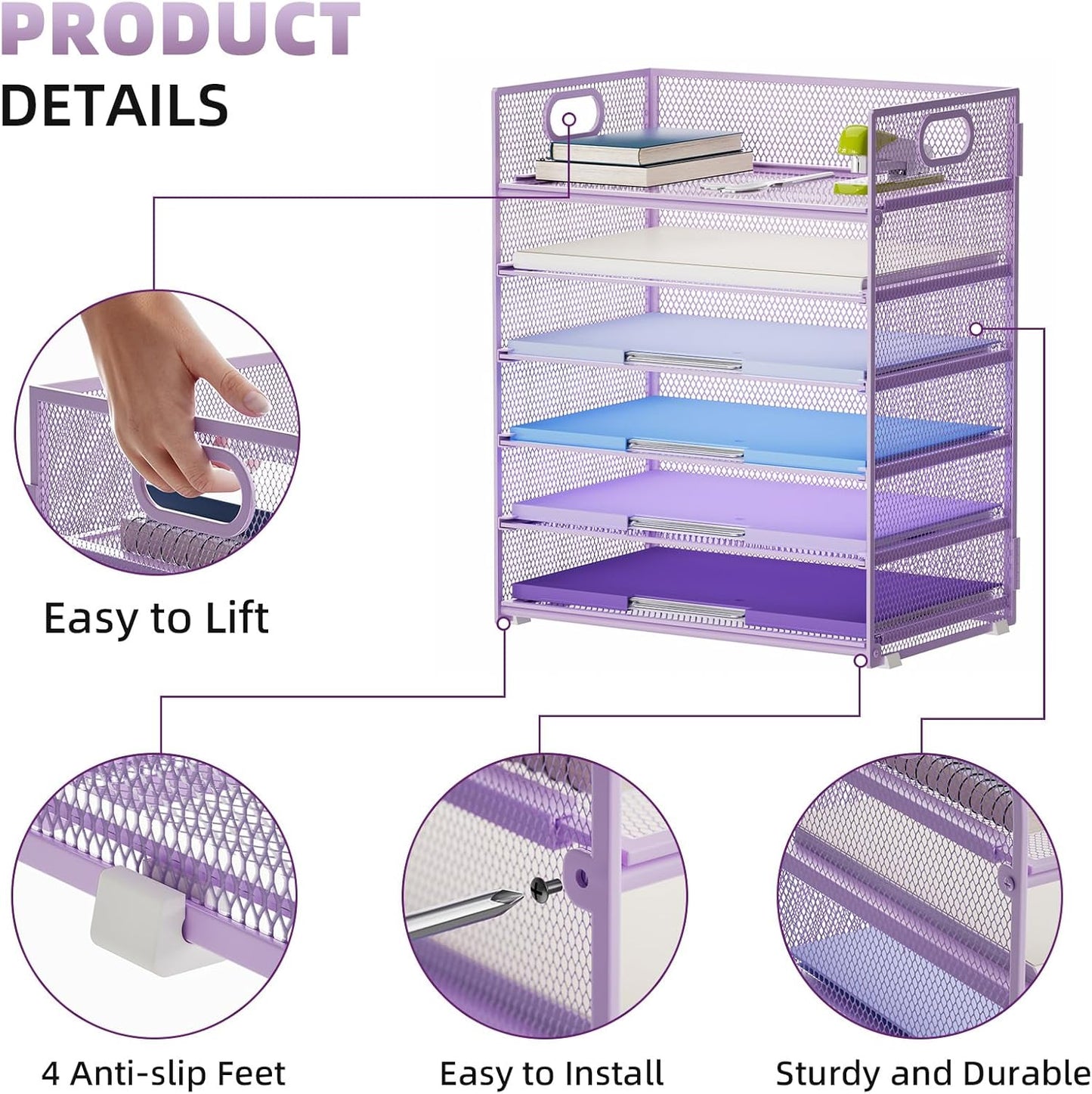 Marbrasse 6 Tier Paper Organizer Letter Tray - Mesh Desk File Organizer with Handle, Paper Sorter for Letter/A4 Office File Folder Holder - Purple