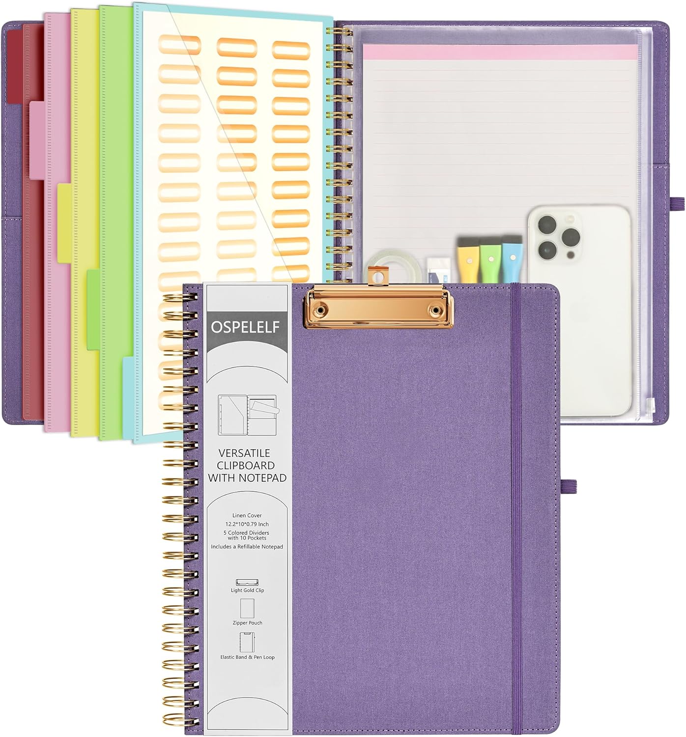 Ospelelf Foldable Spiral Clipboard Folio with Storage Zipper Pouch, 5 Plastic Folders with 10 Pockets,Refillable Lined Notepad (11" x 8.5"), Hardcover Project Organizer with 39 Stickers (Purple)