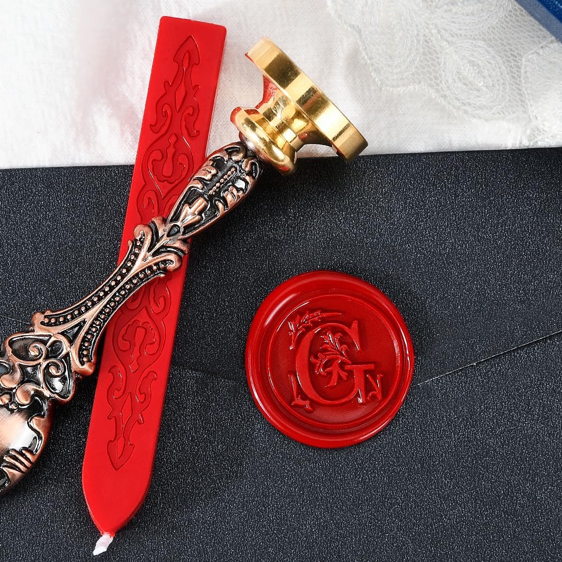 Wax Seal Stamp kit, Envelope Seals Sticker DIY Kit - Retro Sealing Wax Candle + Classic Initial Alphabet Seal Stamp Letter G - in Blue Gift Box