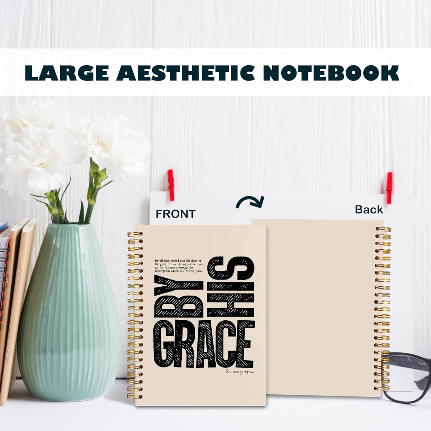 BearCake Christian Notebook Journal, Christian Gifts for Women, By His Grace Scripture Prayer Journal for Women, Bible Journaling Neutral Hardcover Spiral Notebook 5.5x8.3