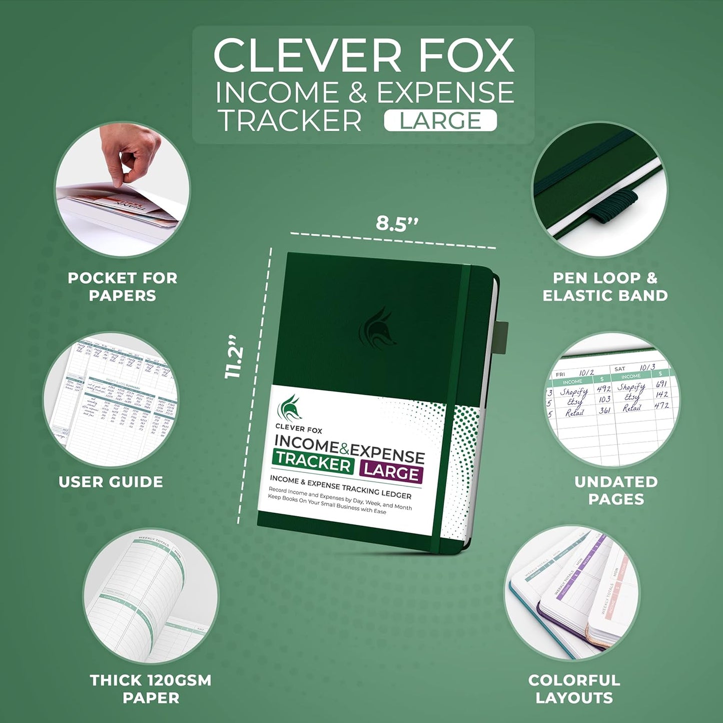 Clever Fox Income & Expense Tracker Large – Accounting & Bookkeeping Ledger Book for Small Business – 2-Year Record Notebook, A4 (Dark Green)