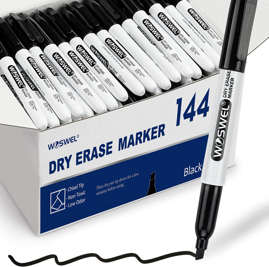 Dry Erase Markers Bulk, 144 Pack Black Chisel Tip Whiteboard Markers, Low Odor Dry Erase Markers for School Office Home