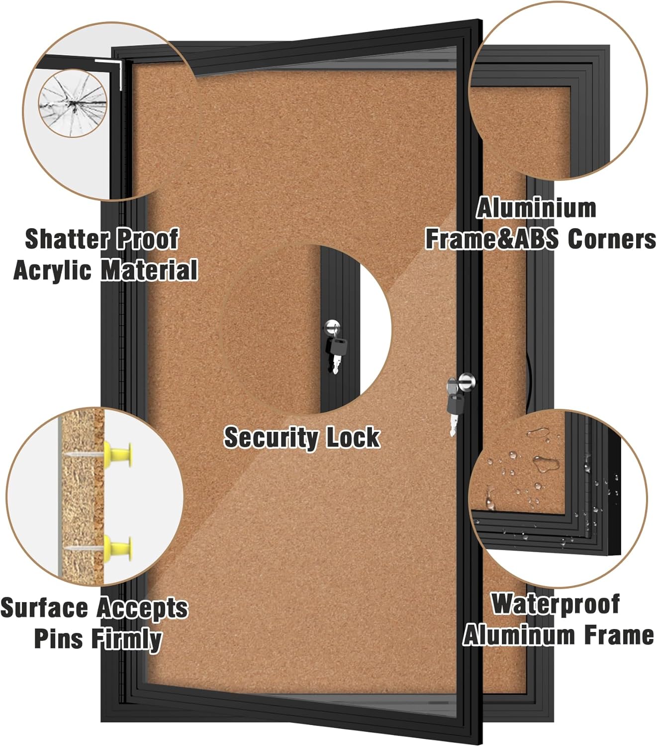 36"x24" Enclosed Bulletin Board, Outdoor Lockable Weather-Resistant Aluminum Cork Noticeboard for School & Office Hospital, Black Frame w/Cork