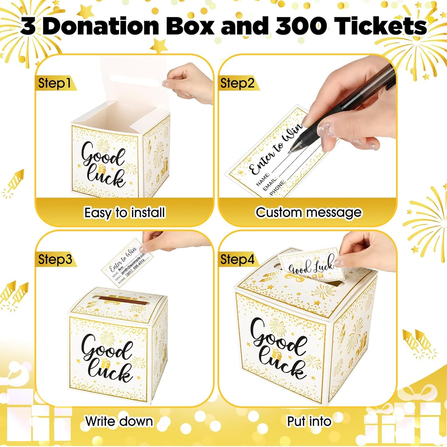 Colarr Raffle Box Gold Brass Donation Box Ballot Safe Suggestion with Raffle Tickets Cards Ballot with Slot Collection Voting Bowl Holder Gifts (3 Pack)
