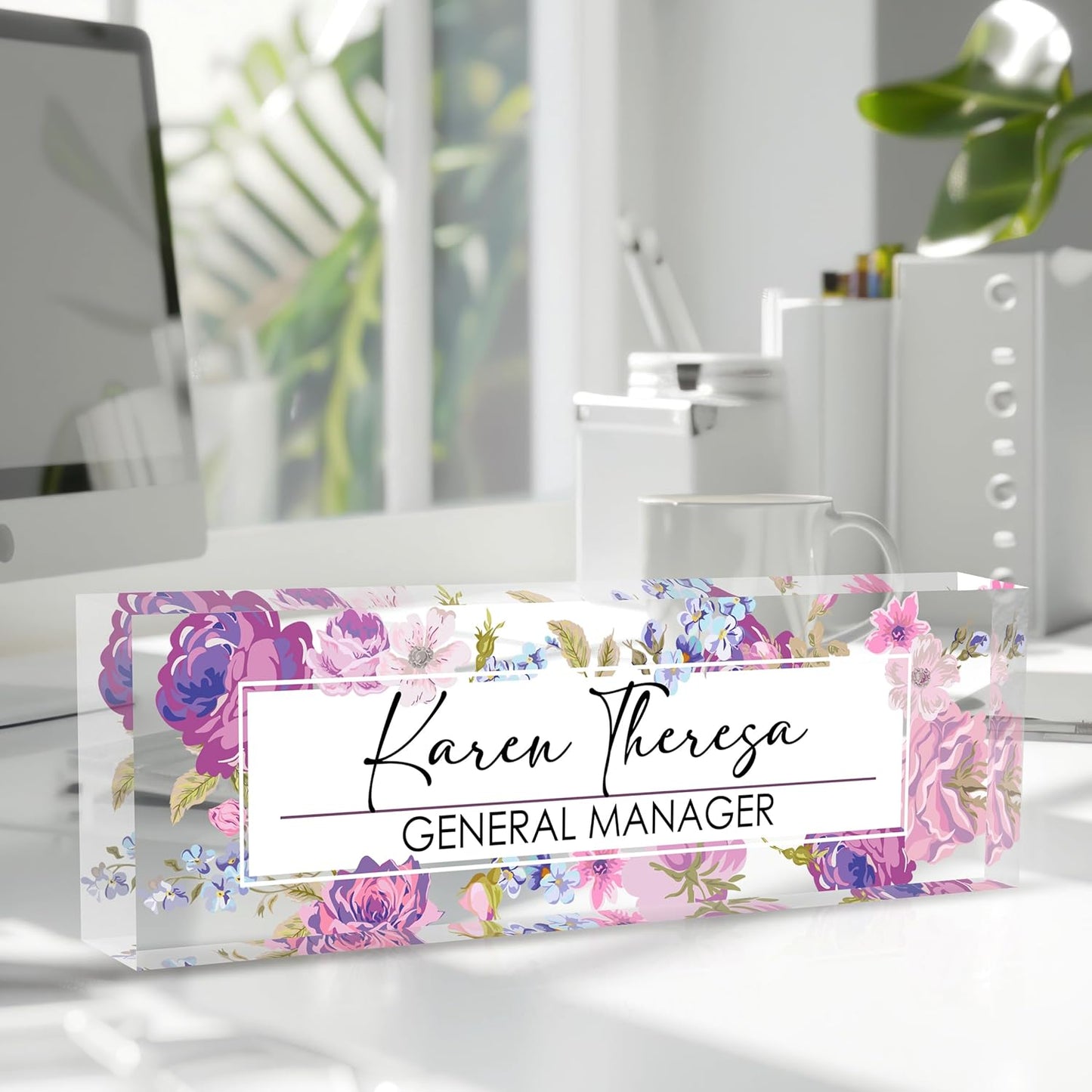 Custom Office Name Plate for Desk, Personalized Gifts for Women, Appreciation Gifts for Employee Coworkers Boss Teacher, Office Accessories (Hundred Flowers)