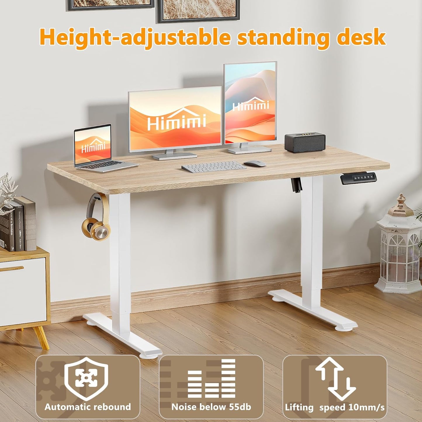Himimi Electric Standing Desk 48 x 24 inch for Home Office,Sit-Stand Adjustable Desk with Memory Presets,Height Adjustable Desk for Gaming/Working,Free Hook, Lockable Wheels,Oak