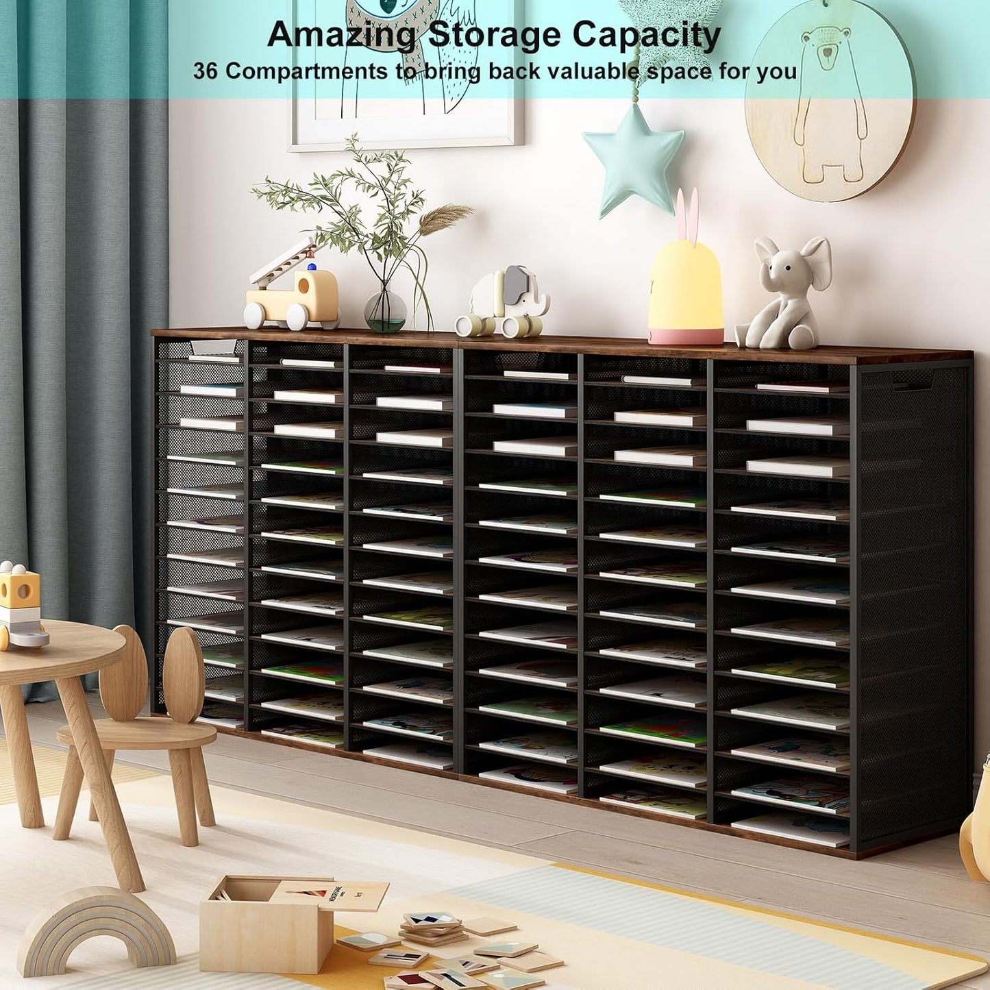 PAG Mass Mail Sorter - Adjustable Mail Holder, Countertop Literature Organizer, Student Mailbox for Classroom, Desktop Bill Paper Organizer for Office Home School, 36 Compartments, Brown