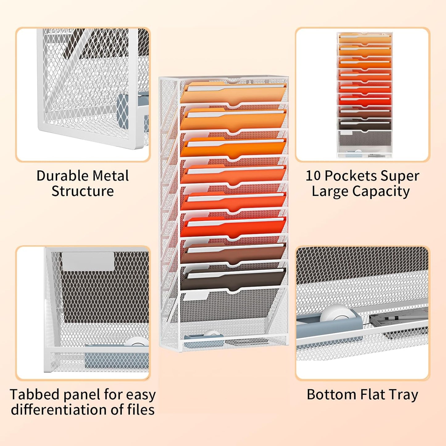 Marbrasse 10-Tier Hanging Wall File Organizer, Wall File Holder for Papers, Files Clipboard & Magazine Organizer, Wall Mount File Holder Great for Office Home (White)