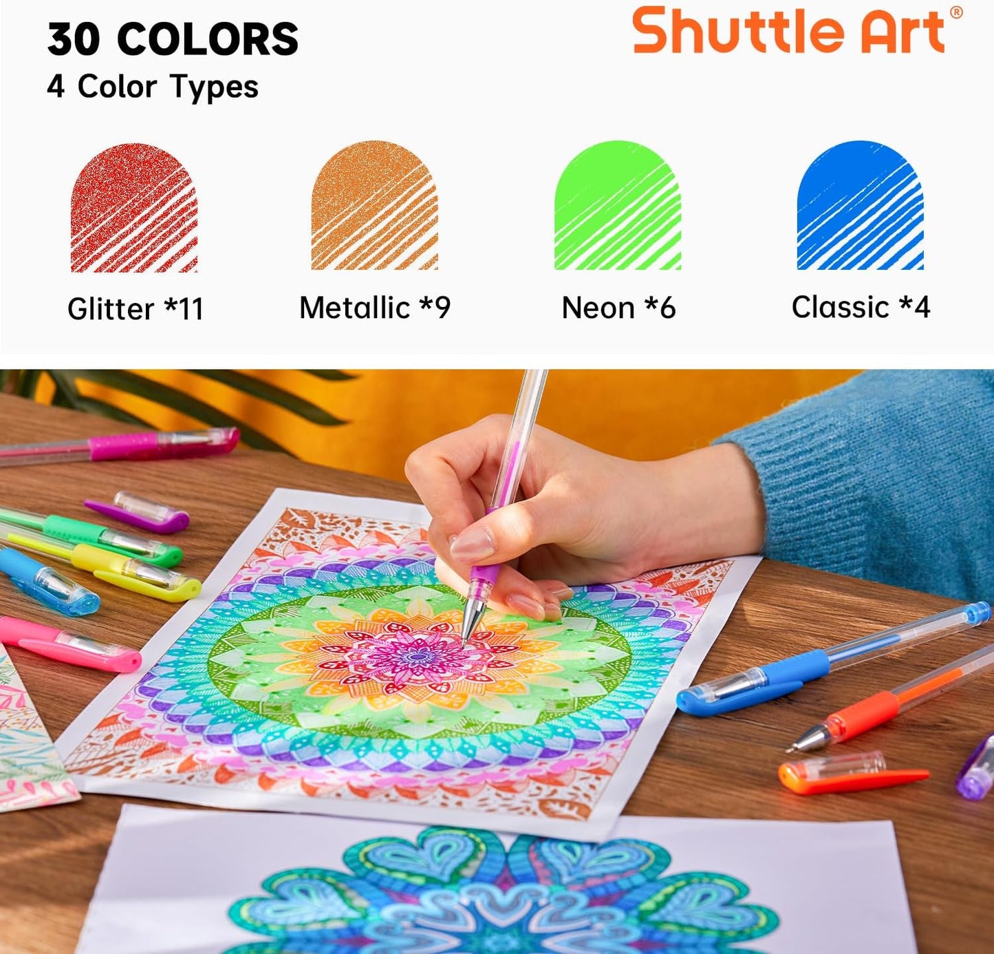 Shuttle Art Gel Pens, 60 Pack Gel Pen Set 30 Colored Gel Pen with 30 Refills for Adults Coloring Books Drawing Doodling Crafts Scrapbooking Journaling