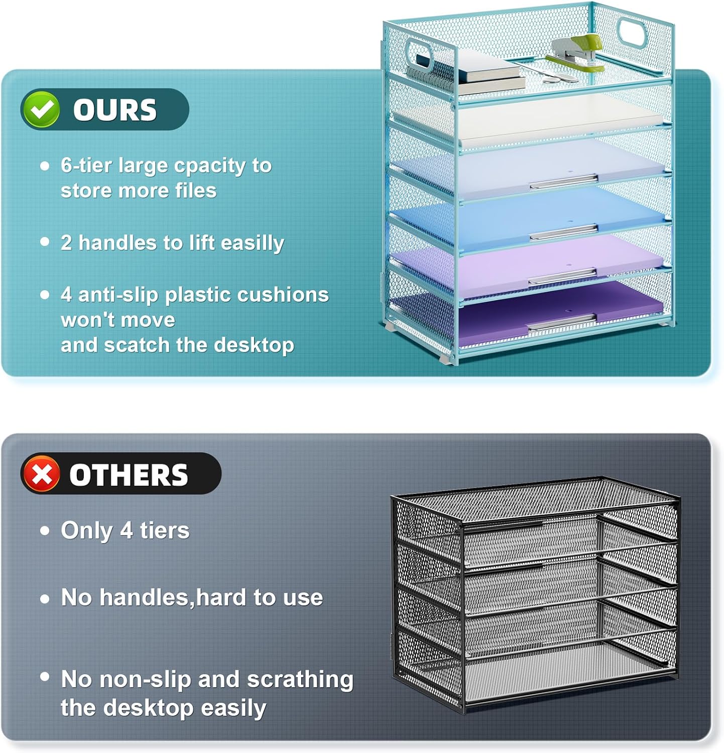 Marbrasse 6 Tier Paper Organizer Letter Tray - Mesh Desk File Organizer with Handle, Paper Sorter for Letter/A4 Office File Folder Holder -Blue