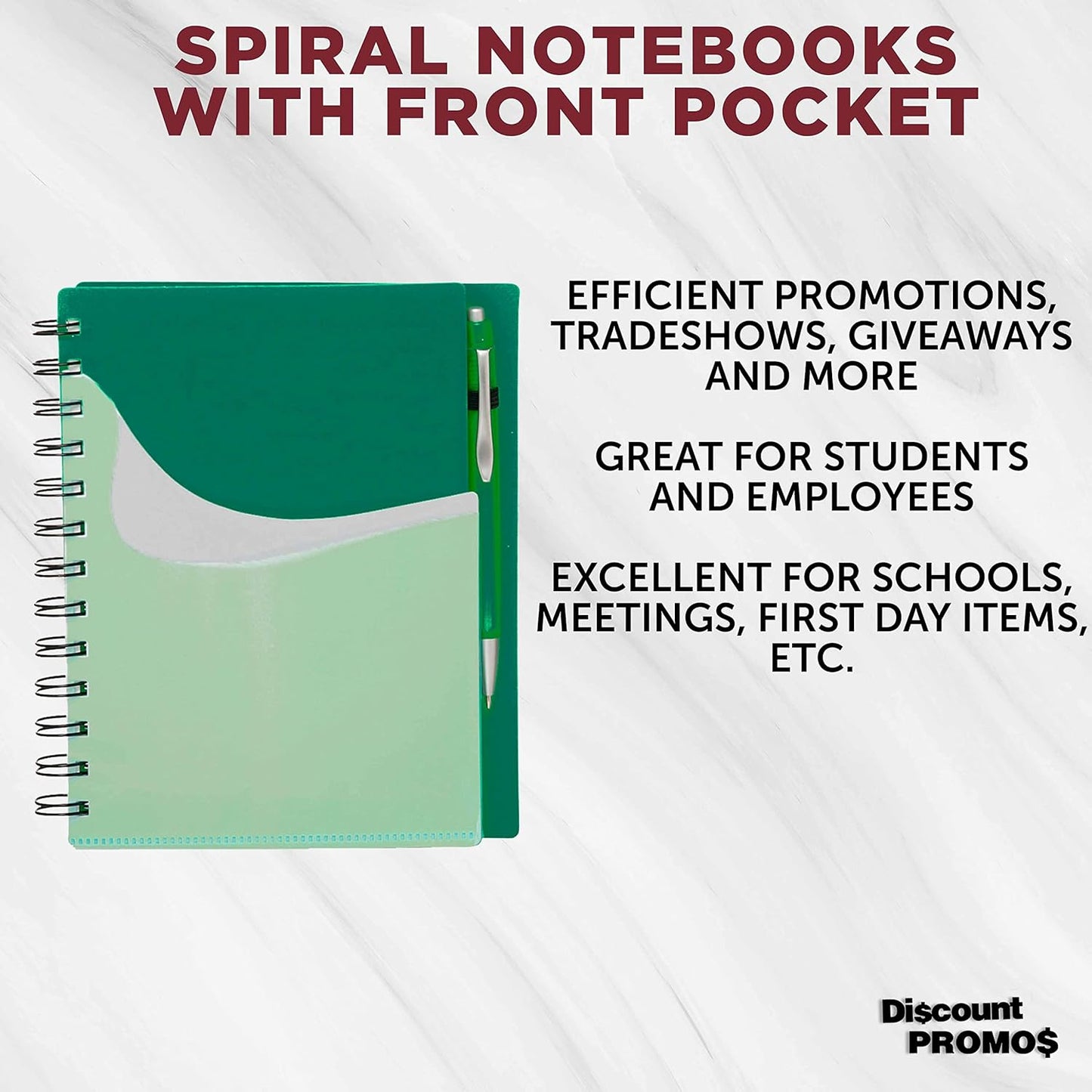 DISCOUNT PROMOS Spiral Notebooks with Front Pocket Set of 10, Bulk Pack - Durable Plastic Cover, Includes Matching Pen in Blank Ink, Perfect for School, Office, Home - Green
