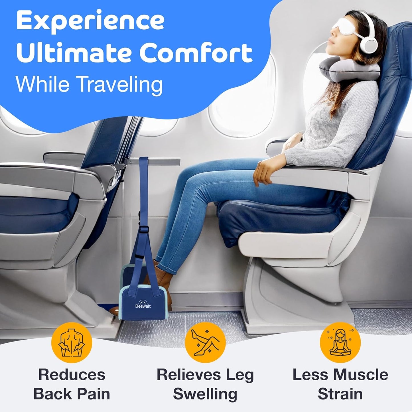 Portable Airplane Foot Hammock for Plane Travel with Memory Foam & Hardboard for No Feet or Leg Clashing - Long Flight Air Travel Essentials to Relax Feet Rest Flying Overseas by Beswalt (Navy Blue)