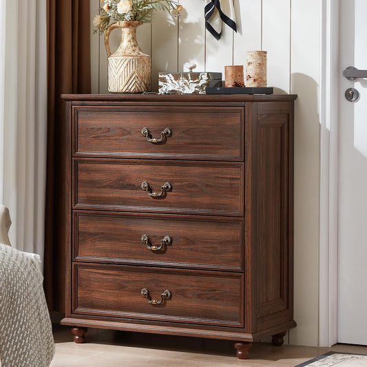 Farmhouse 4 Drawer Dresser for Bedroom, 37" Tall Rustic Chests of Drawers w/ 4 Solid Wood Feet, Mid Century Modern Wooden Closet Storage Dressers Organizer for Living Room, Hallway, Brown