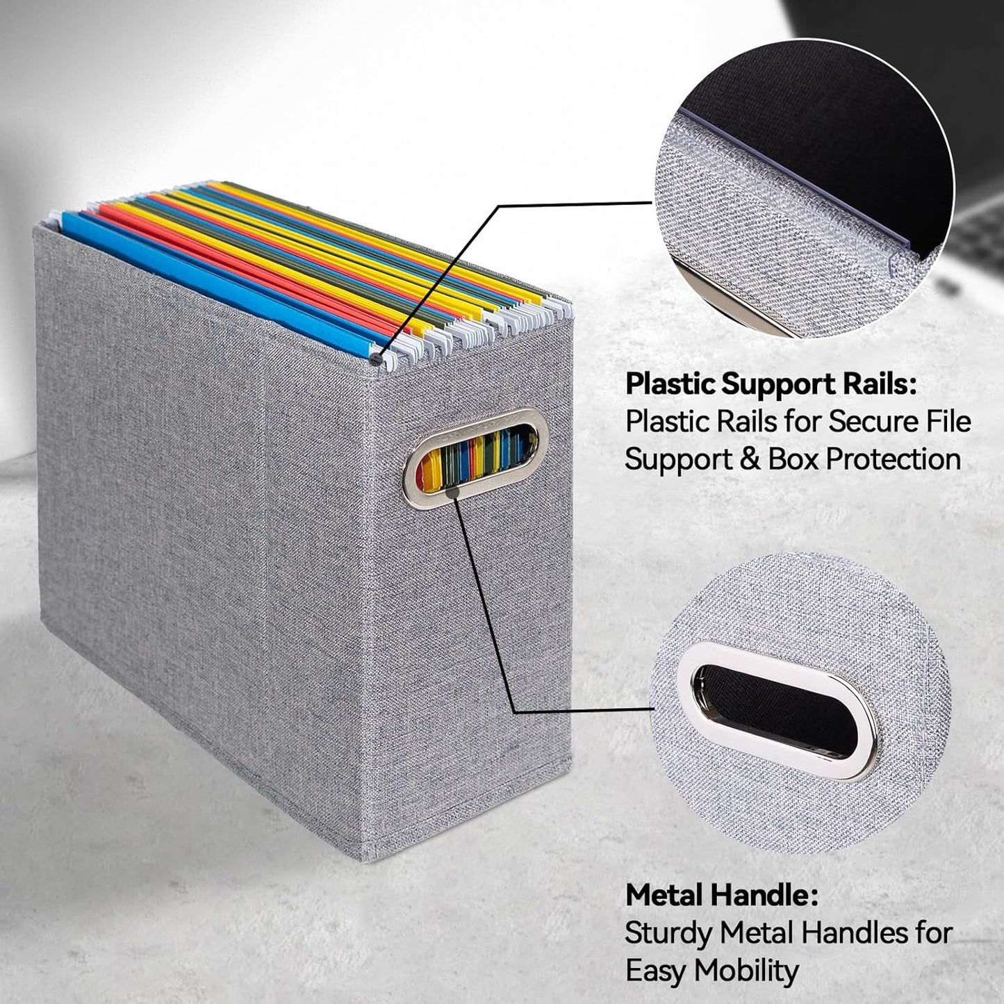 6 Packs Letter Size File Organizer, File Folders Organizer, Fabric Storage Box, Collapsible Paper Organizer with Metal Handle, Smooth PVC Rails, Only Box (Gray)