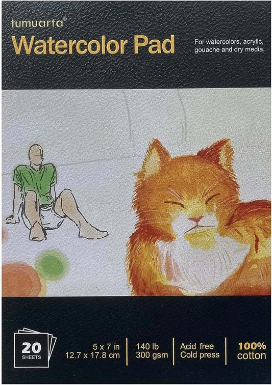 tumuarta Watercolor Paper Pad 100% Cotton, 5X7”, 140 LB, 300 GSM, 20 Sheets, Natural White, Acid Free, Cold Press, Watercolor Mixed Media Sketch Books for Watercolors, Acrylic and More.