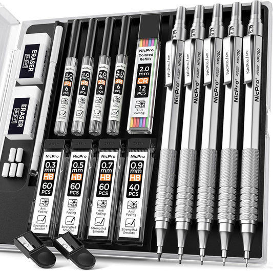 Nicpro Metal Mechanical Pencil Set, 5 PCS Art Drafting Pencils 0.3, 0.5, 0.7, 0.9 mm & 2mm Graphite Lead Holder For Sketching Drawing With 9 Tubes (4B 2B HB 2H Colors) Lead Refills Erasers Case