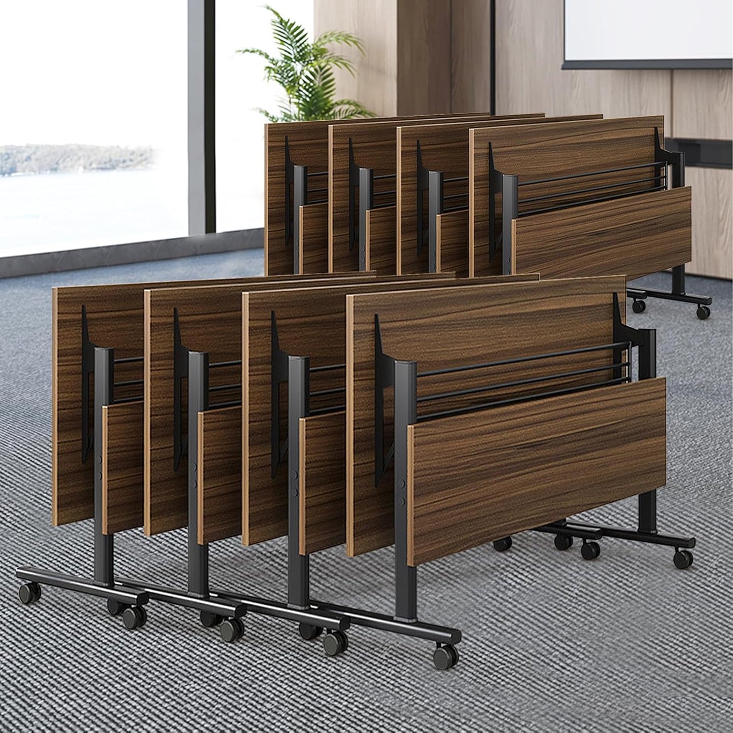Folding Conference Table, Modern Large Conference Room Tables with Flip-Top Design, Foldable Conference Table Meeting Table with Wheels, Mobile Seminar Training Tables for Office Classroom (8, Walnut)