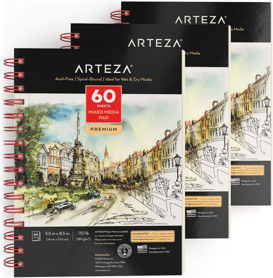 ARTEZA Mixed Media Sketchbook, 5.5 x 8.5 Inches, Pack of 3, 60 Sheets Each, Micro-Perforated Spiral-Bound Paper Pad for Wet and Dry Media