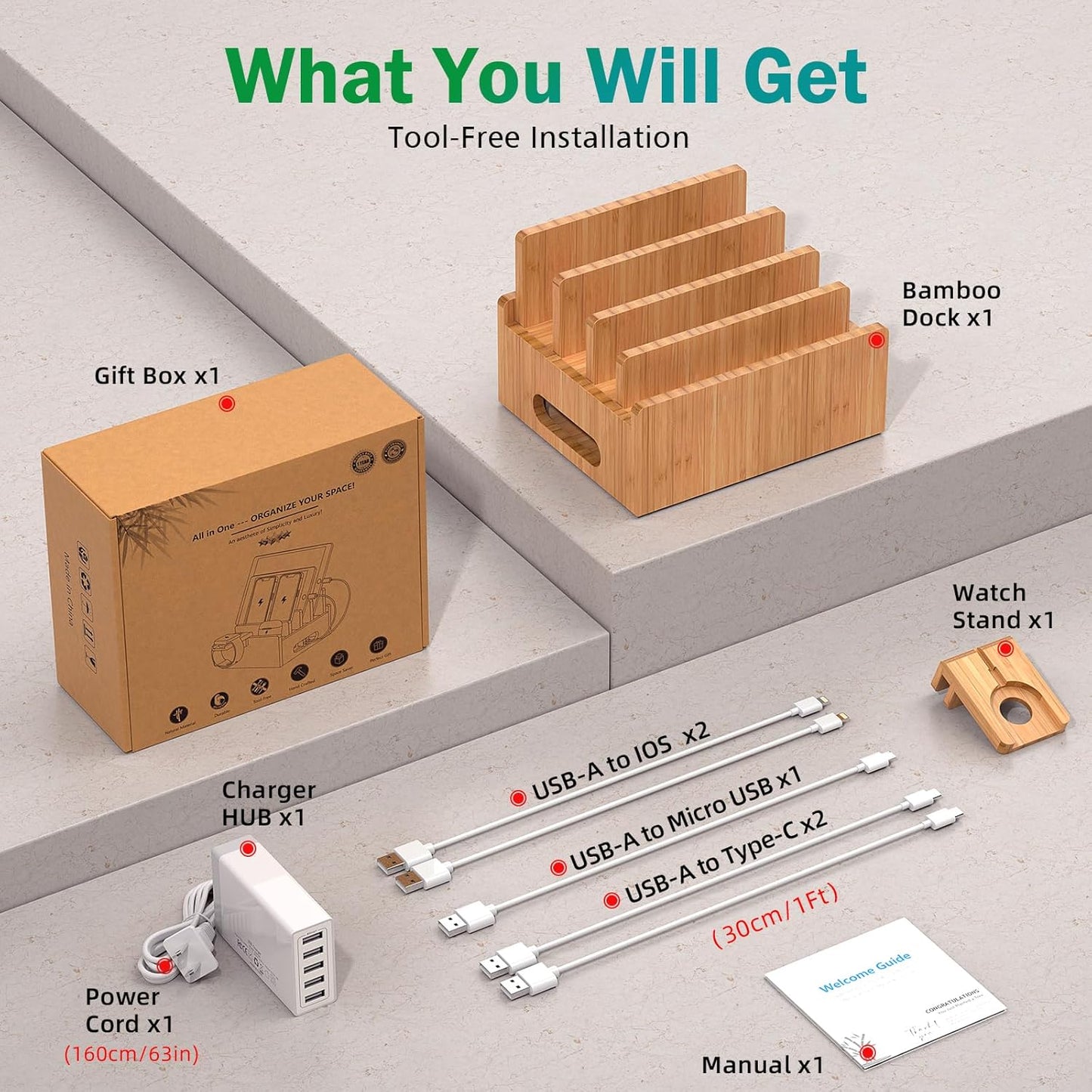 Pezin & Hulin Bamboo Charging Station for Multiple Devices with 5 Port USB Charger, 5 Cables, Smart Watch & Earbuds Stand, Desk Docking Stations Electronic Organizer for Cell Phone, Tablet