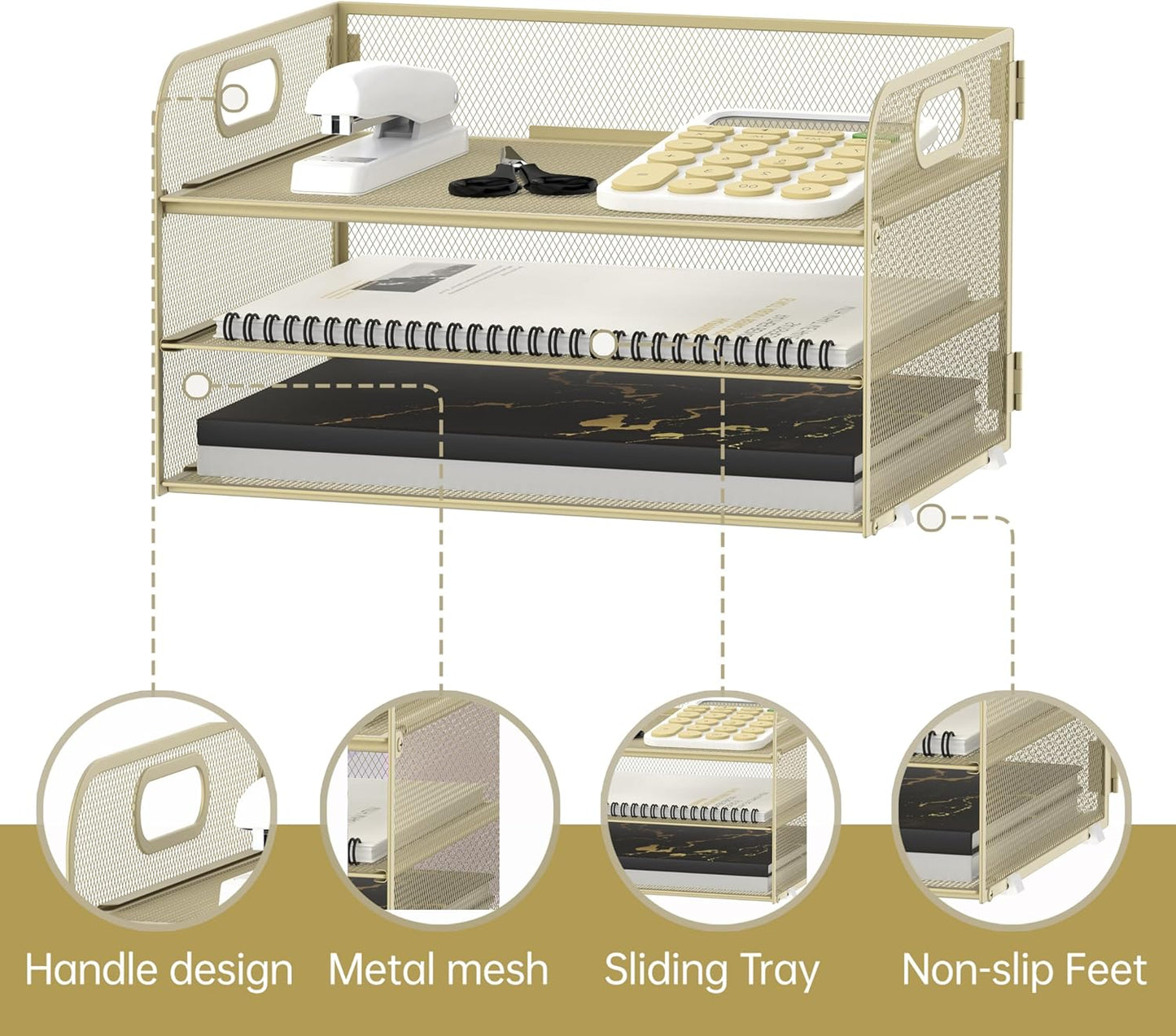 Supeasy 3 Tier Paper Organizer with Handle, Mesh Desk Organizer Letter Tray, Paper Tray File Organizer for A4 File Folder, Yellow