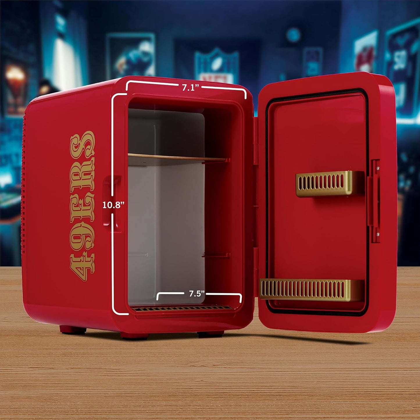 Ukonic NFL San Francisco 49ers 15-Can Mini Fridge 10L – AC/DC Powered, Official Team Colors & Logo, Portable Cooler for Tailgates, Home, Office, or Car