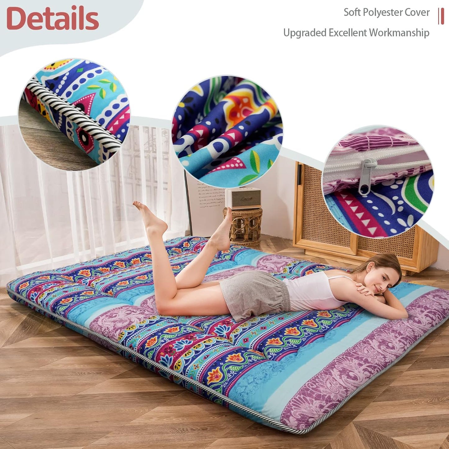 MAXYOYO Bohemian Vintage Floral Japanese Futon Mattress - Roll Up Tatami Floor Mat, Foldable Bed, Portable Camping Mattress, Sleeping Pad, Floor Lounger, Couch Bed - Queen Size