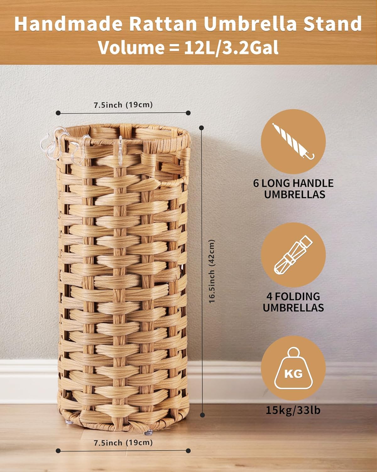 Rattan Umbrella Stand, Umbrella Holder for Entryway, Hand Woven Umbrella Rack Organizer Freestanding, with a Detachable Drip Tray, 4 Hooks, 7.5" L x 7.5" W x 16.5" H