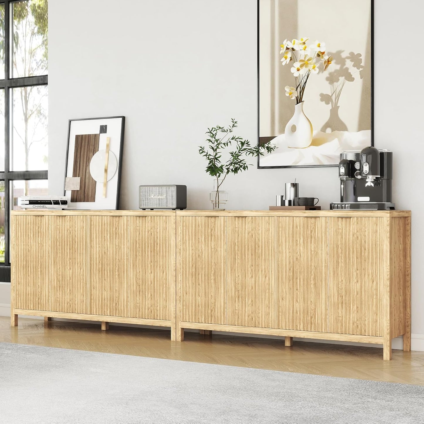 Real Relax Fluted Buffet Cabinet with Storage, Modern Sideboard with 4 Doors, 3 Adjustable Shelves, Large 55'' Kitchen Credenza Coffee Bar Cabinet, Console Cabinets for Living, Dinning Room, Natural