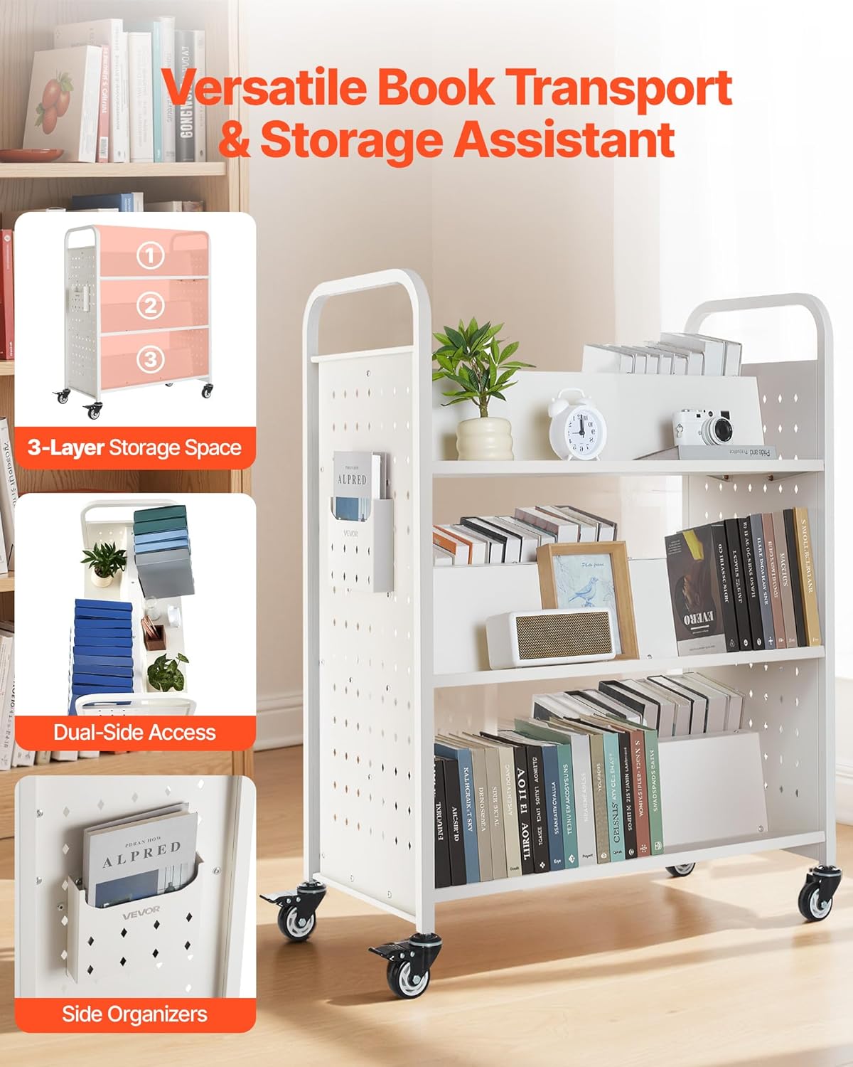 VEVOR Rolling Library Book Cart, 330 lbs Capacity, 38.2 x 20.3 x 48.2-Inch Library Cart, Double Sided W-Shaped Shelves with 3-Inch Lockable Wheels, Book Truck for Home Shelves Office and School, White