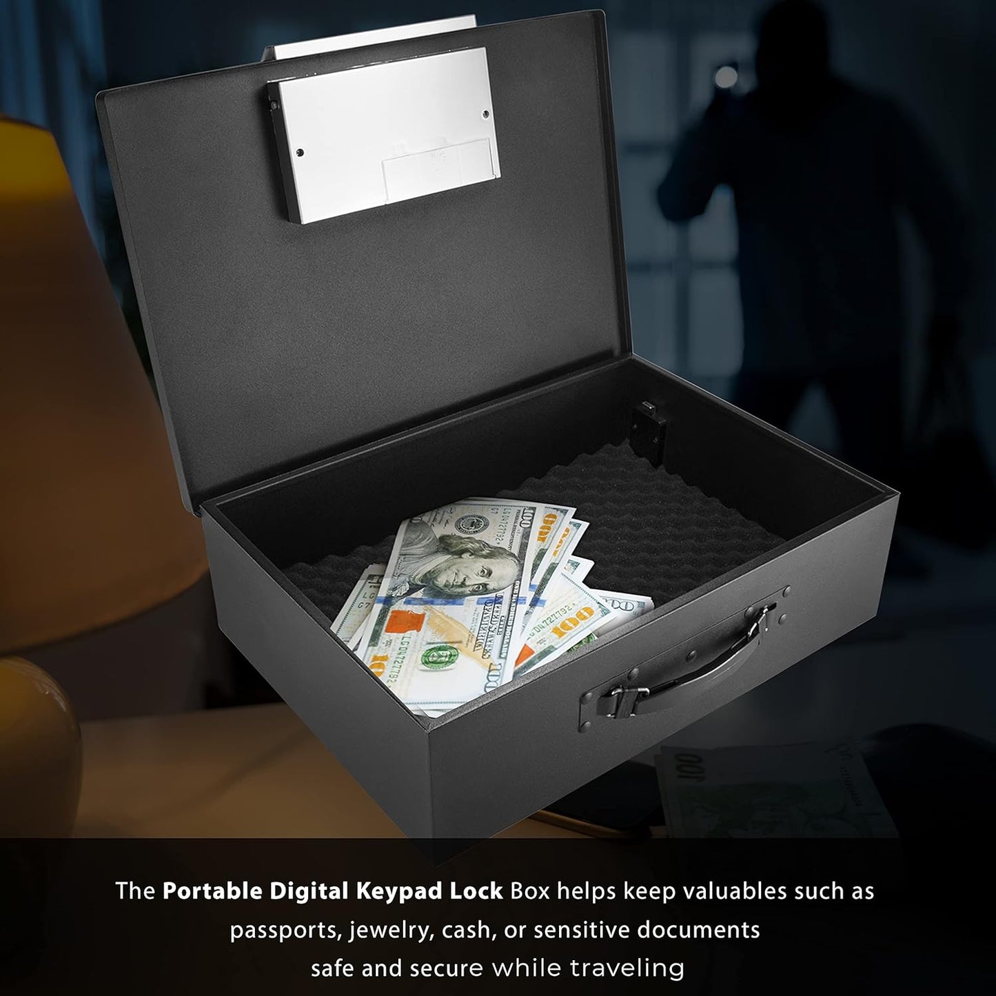 Barska Portable Digital Keypad Lock Box – Secure Travel Safe for Valuables, Steel Construction, Removable Tethering Cable, Backup Keys & Batteries Included