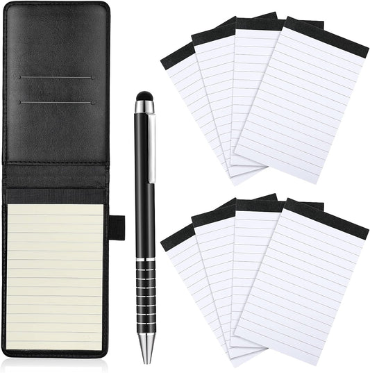 Outus 10 Pcs Pocket Notebook with Pen Set Included Mini Pocket Notepad Holder with 50 Lined Sheets, Metal Pen, 8 Pcs 3 x 5 Inch Memo Book Refills, 30 Lined Paper Per Note Pad (Black)