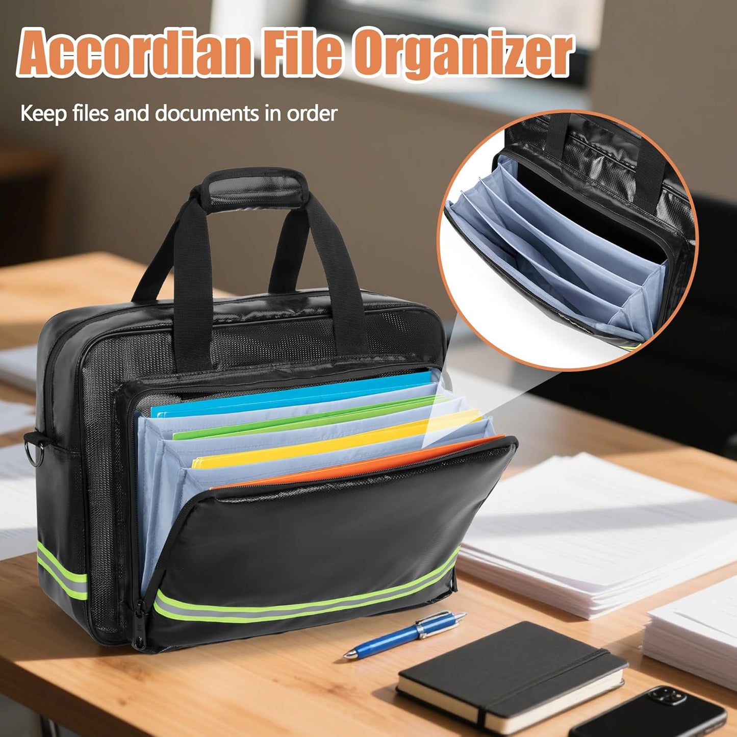 Fireproof Document Bag with Accordion File Organizer, Fireproof Document Safe Storage, Fits up to 15.6" Laptop, Suitable for Legal Files and Valuables, Black