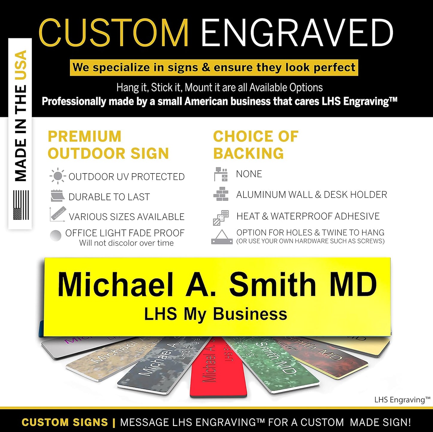 Door Name Plate Personalized for Office Yellow Plastic Name Plate Black Letters - Made in USA 2x12 B4