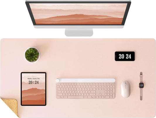Aothia Double-Sided Desk Pad – 37.8"x17" Leather Desk Mat with Eco Cork Protector, Large Mouse Pad, Waterproof Desk Blotter for Office/Home (Pink)