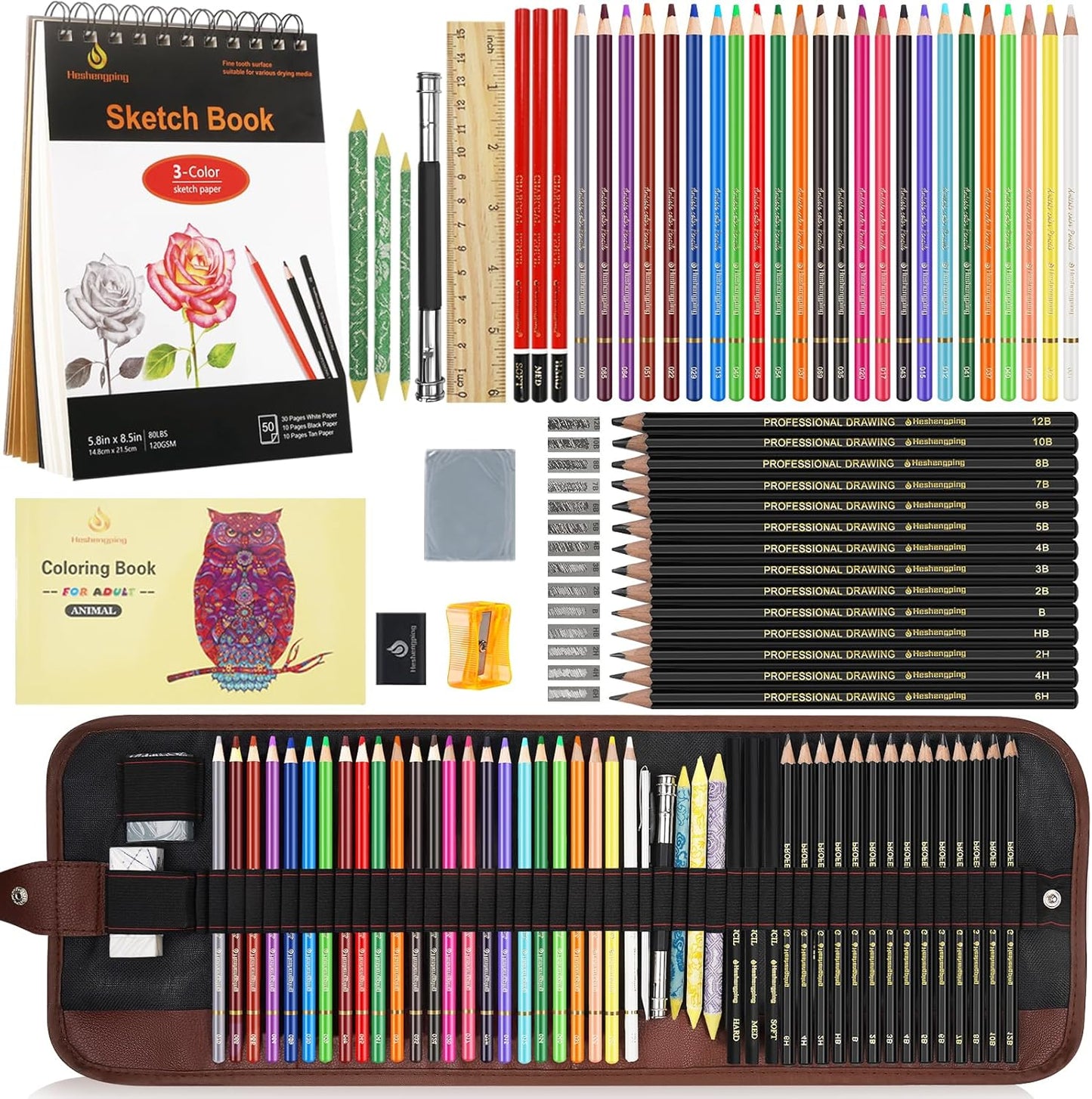 Sketch & Drawing Art Pencil Kit 52 Piece Set, 24 Color Pencil for Coloring Books, Pencil of Graphite & charcoal, 3-color Sketchbook, coloring book Etc, Art Supply Ideal for Adult Student Beginner Teen