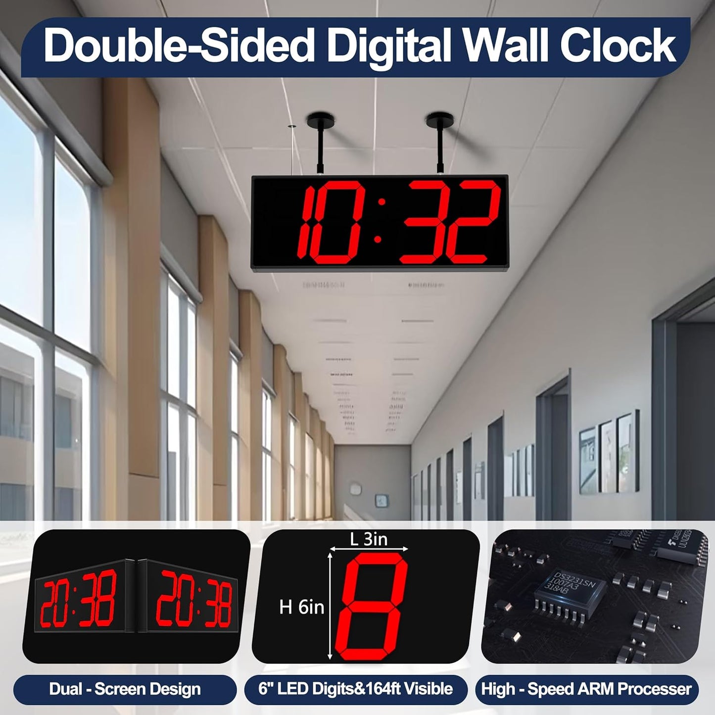Digital Clock Large Display 19" with Remote Control,Double-Sided Clock, Suspended Design for Hospitals, Factories, Airports.