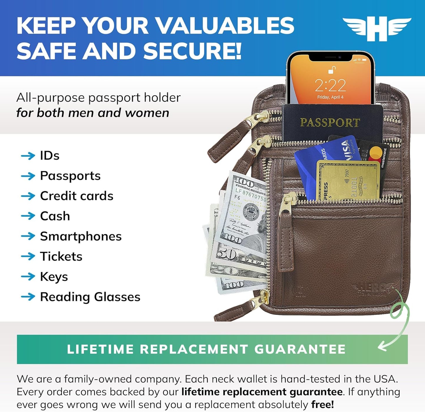 HERO Neck Wallet, RFID Blocking Passport Holder, Vegan Leather Travel Pouch (Brown)