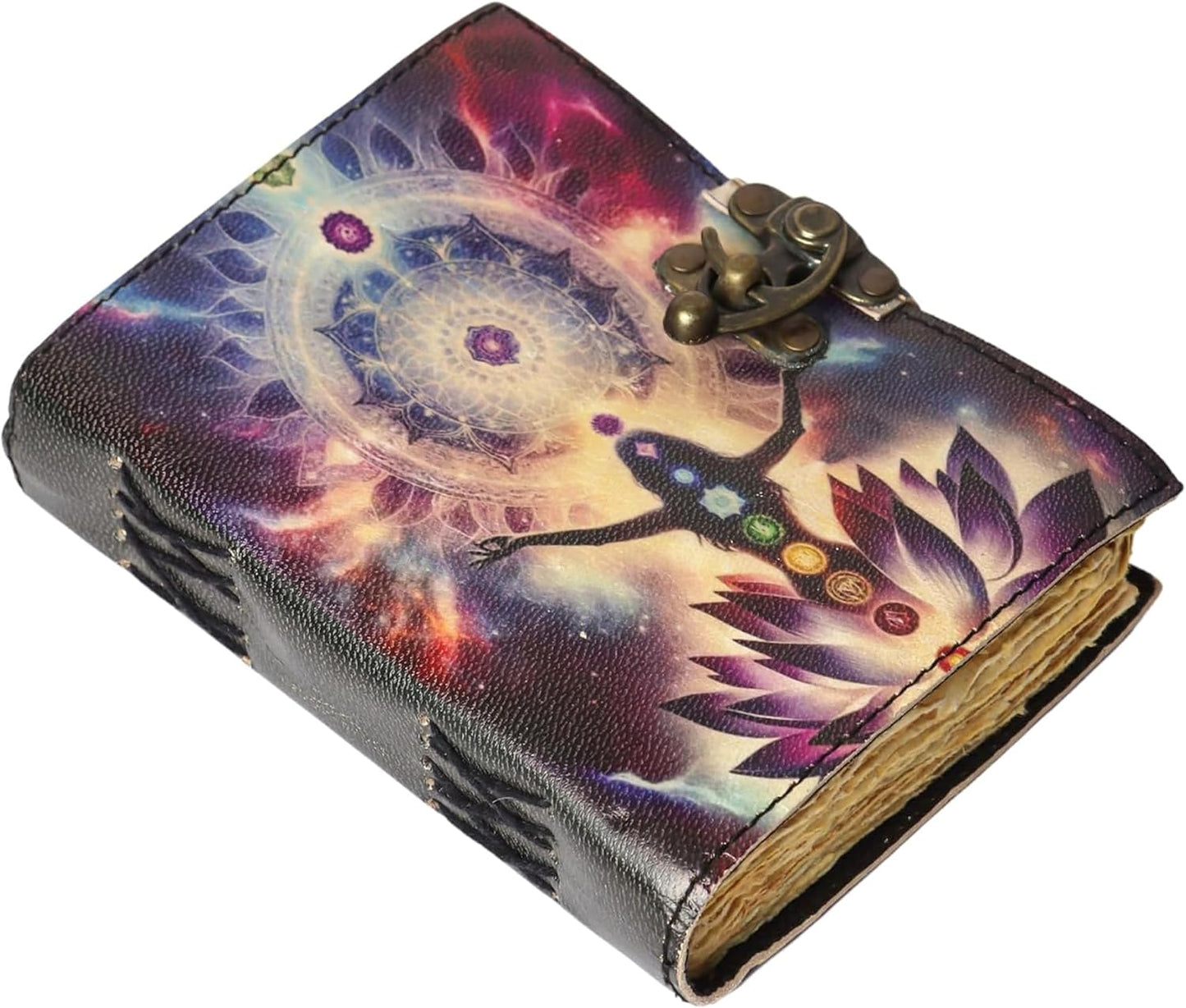 Blank Spell Book of Shadows Seven Chakra Leather Journal with Vintage Clasp Lock – 200 Page Antique Deckle Edge Leather Bound Notebook – For Writing, Drawing, Home, Office, Travelling