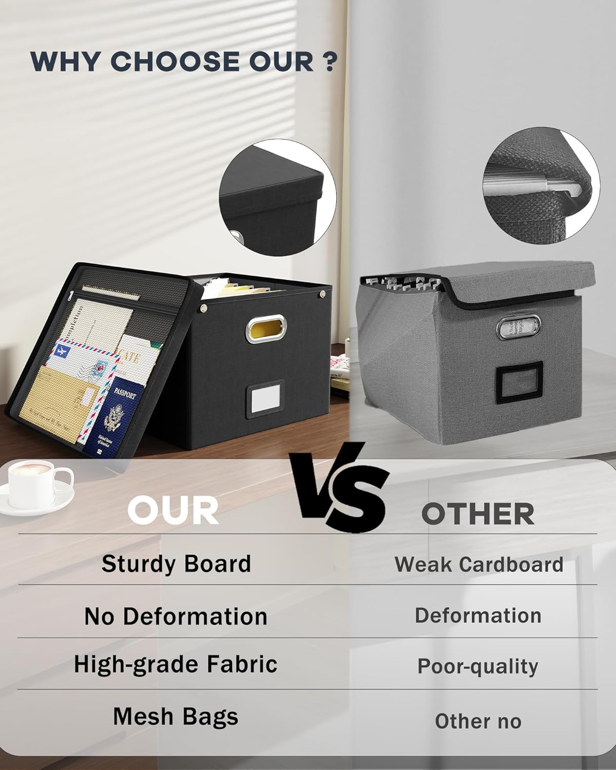 2 Pack File Organizer Box with Lid, Large Hanging Filing Box with Mesh Pocket, Document Organizer for Letter Files, Portable Storage Case for Office&Home (Black)